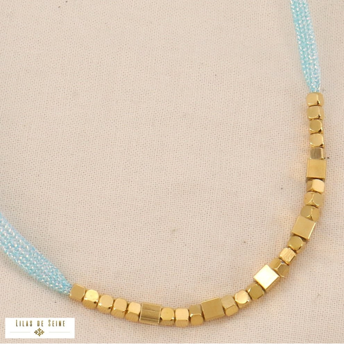 Collier ras-du-cou cubes acier inoxydable cordon métallisé 0124066 bleu