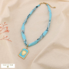 Collier acier inoxydable pendentif cœur ex-voto émail cordon tissu 0125028 bleu turquoise