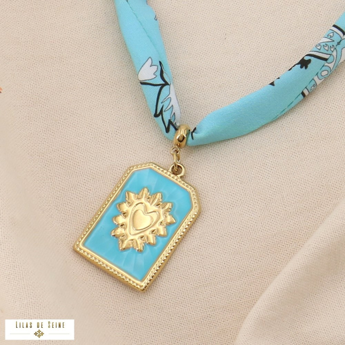 Collier acier inoxydable pendentif cœur ex-voto émail cordon tissu 0125028 bleu turquoise