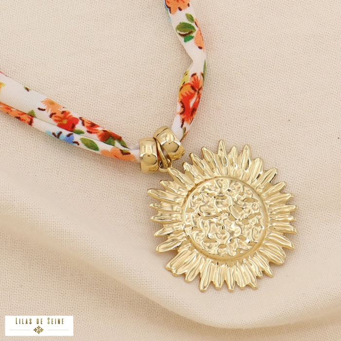Collier acier inoxydable pendentif soleil cordon tissu imprimé floral 0125030 multi