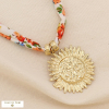 Collier acier inoxydable pendentif soleil cordon tissu imprimé floral 0125030 multi