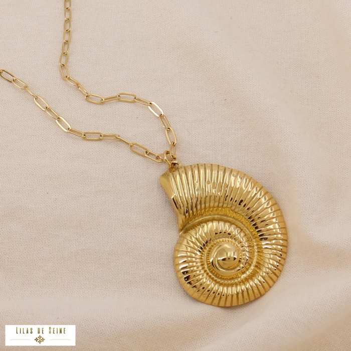 Sautoir acier inoxydable pendentif escargot de mer chaîne maille rectangulaire 0125003 doré