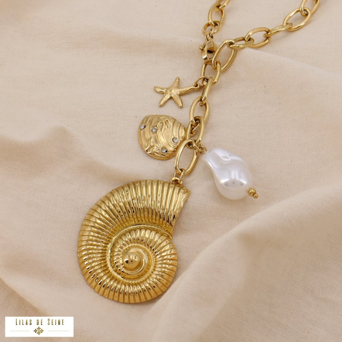 Collier Y acier inoxydable pendentif escargot de mer breloques étoile perle 0125009 doré