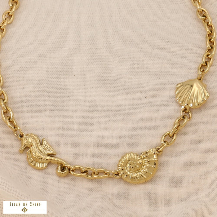 Collier acier inoxydable hippocampe escargot de mer coquille Saint-Jacques 0125014 doré