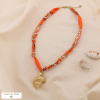 Collier acier inoxydable pendentif coquillage cordon tissu imprimé 0125029 orange