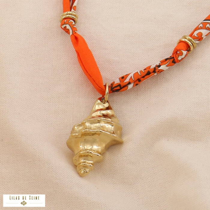 Collier acier inoxydable pendentif coquillage cordon tissu imprimé 0125029 orange