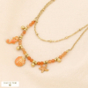 Collier double-rangs layering acier inoxydable bille pierre breloques émail marines 0124057 rouge corail