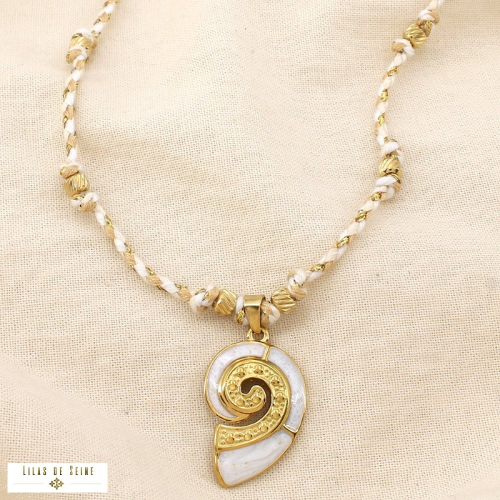 Collier acier inoxydable pendentif escargot de mer émail cordon tressé métallisé 0125109 naturel/beige