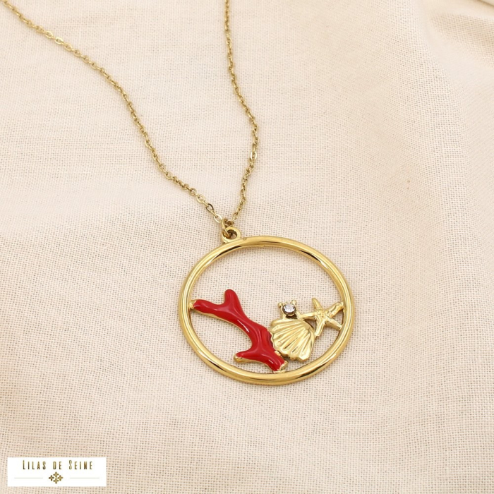 Collier acier inoxydable anneau marin corail émail étoile de mer strass 0125127 rouge
