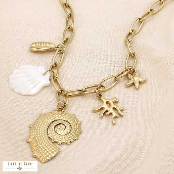 Collier acier inoxydable pendentif escargot de mer charms marins 0125127 doré