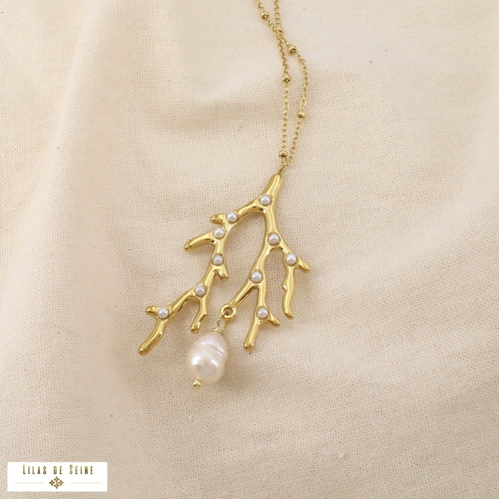 Collier acier inoxydable rameau de corail  goutte 0126197 blanc