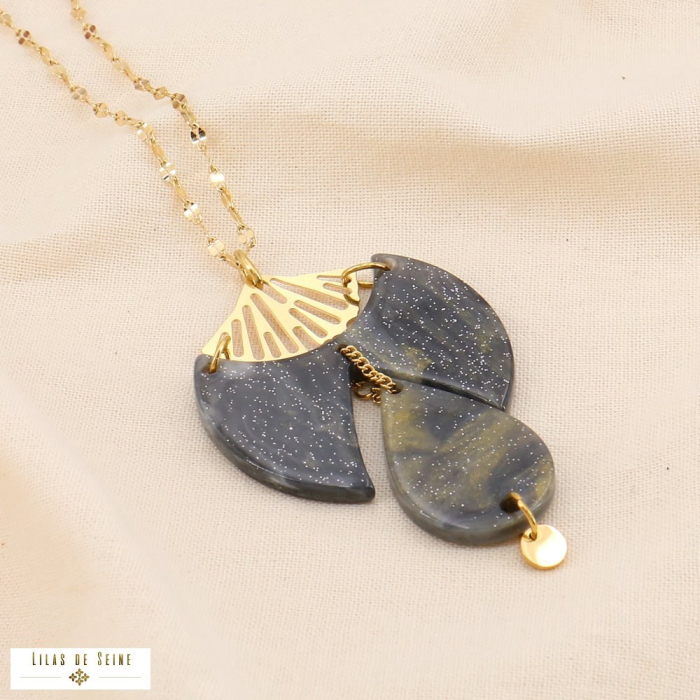 Sautoir acier pendentif résine marbré goutte ginkgo 0124557 gris clair