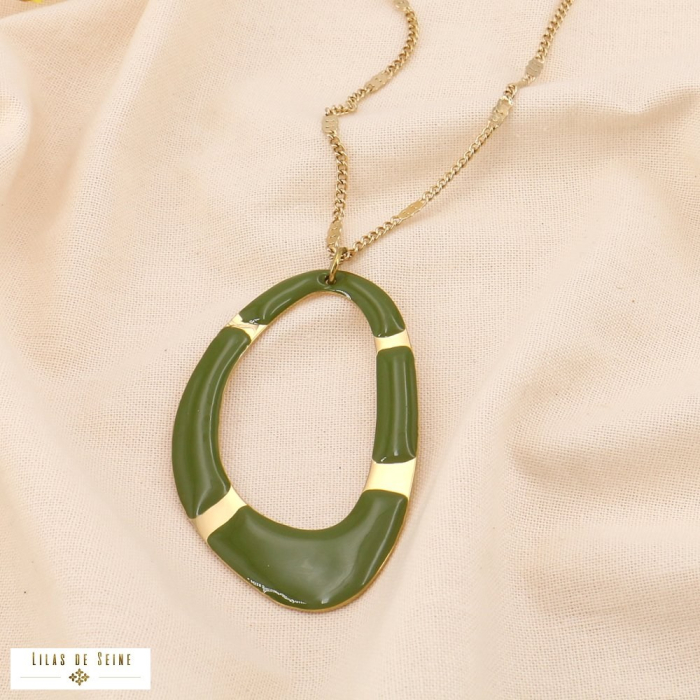 Collier acier inox émail géométrique anneau gravé 0124559 vert