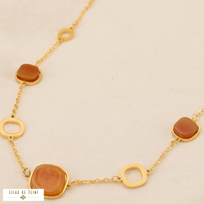Collier pastilles acétate motif hachure acier 0123545 orange