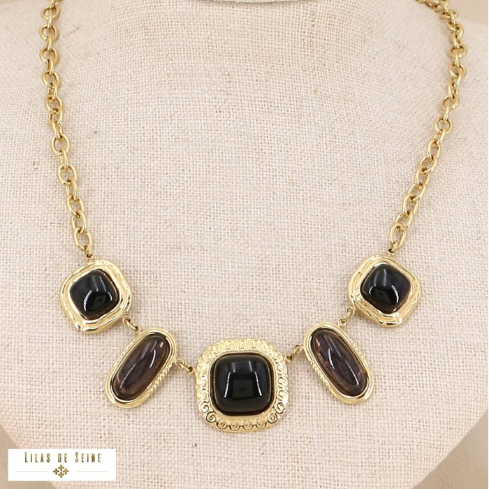 Collier court vintage acier inox cabochon résine 0123525 noir