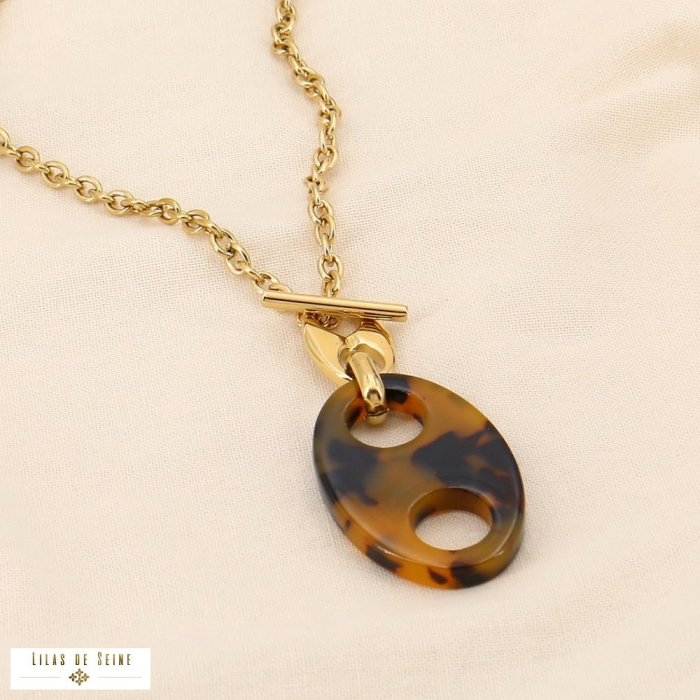 Collier acier résine grain de café fermoir à barre 0124554 marron