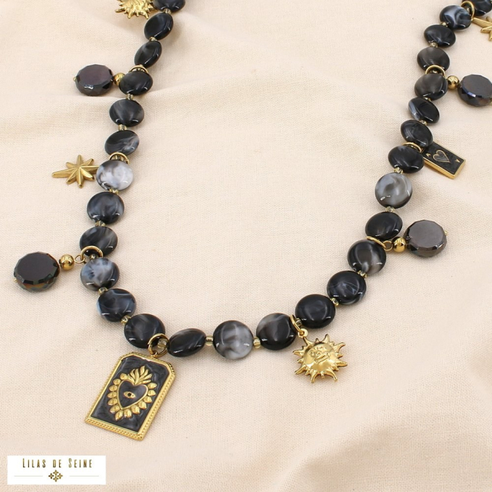 Collier acier acrylique marbré abeille astral coeur 0125530 noir