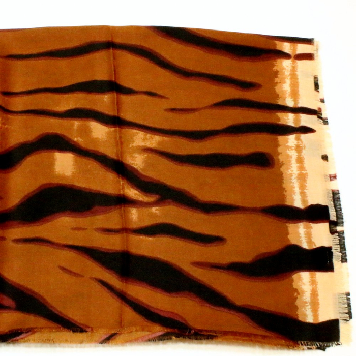 Foulard viscose motif tigre bords frangés 0726530 marron