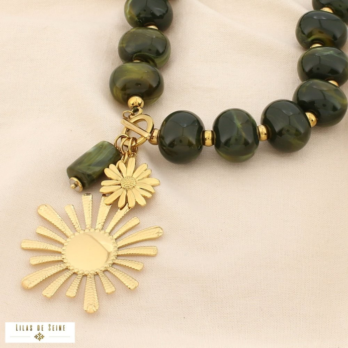 Collier acier résine marbré pendentif marguerite 0125534 vert kaki