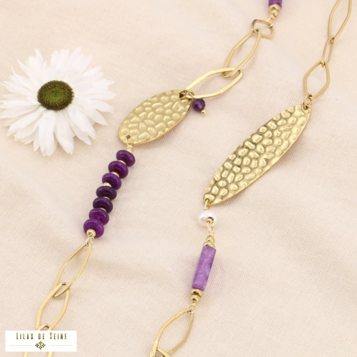 Sautoir Chaîne Trombone Anneaux Losanges Pierres Naturelles Acier Inoxydable 0123565 violet