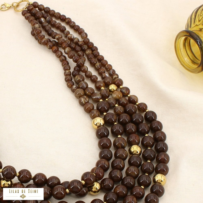 Collier Multi-Rangs Billes Résine Marbrée Acier Inoxydable 0125592 marron foncé